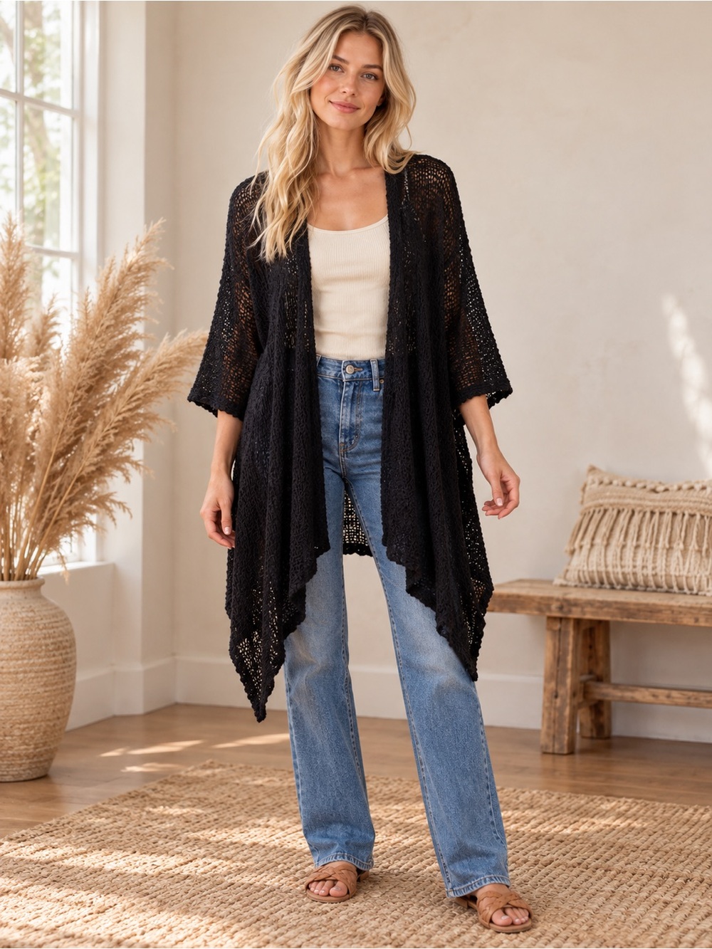 Coldwater Creek Black Open-Knit Draped Cardigan